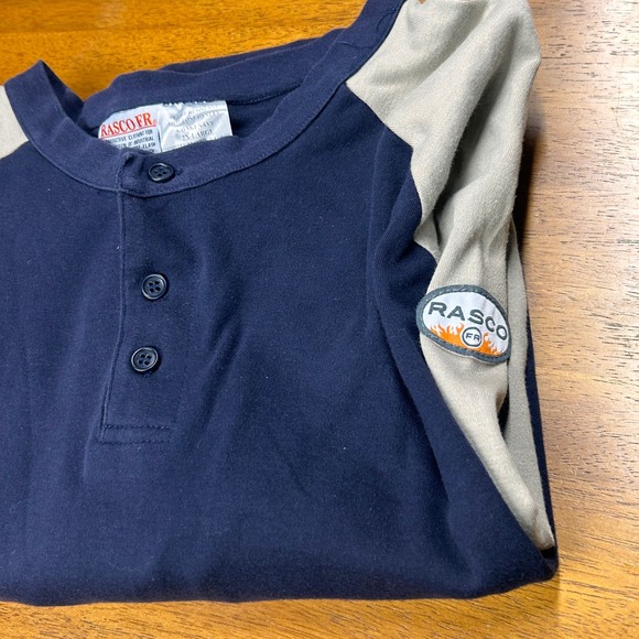 RASCO‎ FR Flame Resistant Khaki Navy Henley Long Sleeve Shirt 2XL READ - Picture 2 of 14
